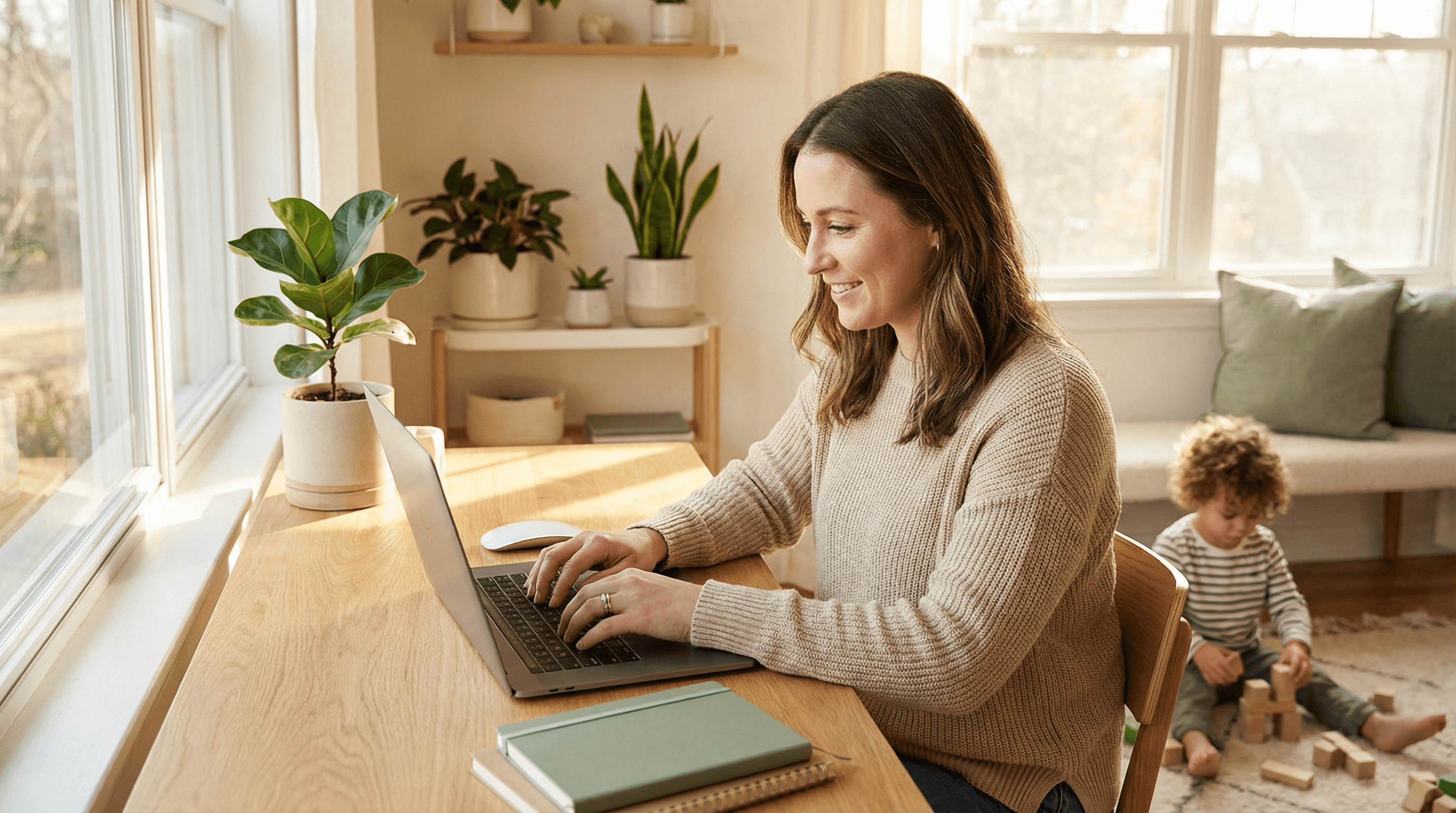 Mother working on laptop at home office desk while child plays nearby