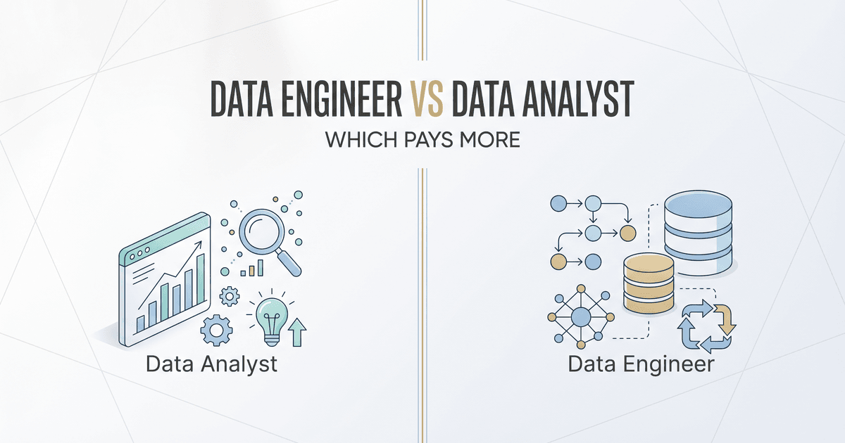 Two professionals at standing desks — one reviewing a data pipeline dashboard, one presenting a business analytics report on a second monitor