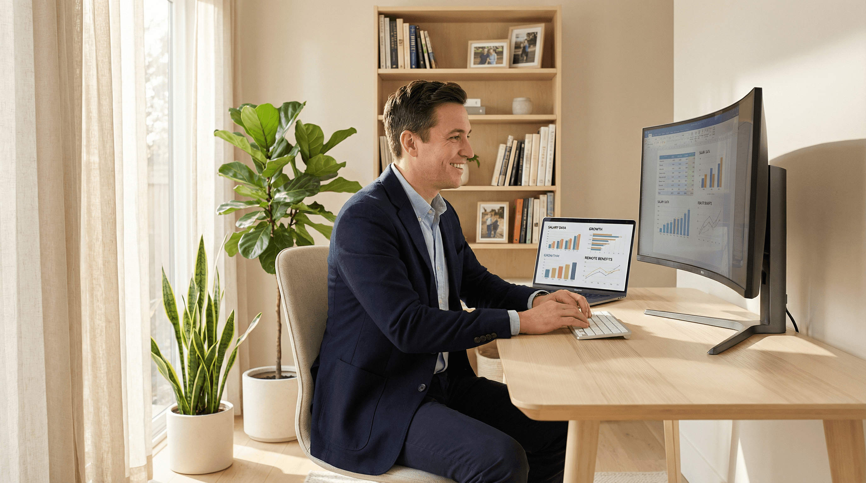 Professional working remotely from modern home office reviewing salary data on laptop