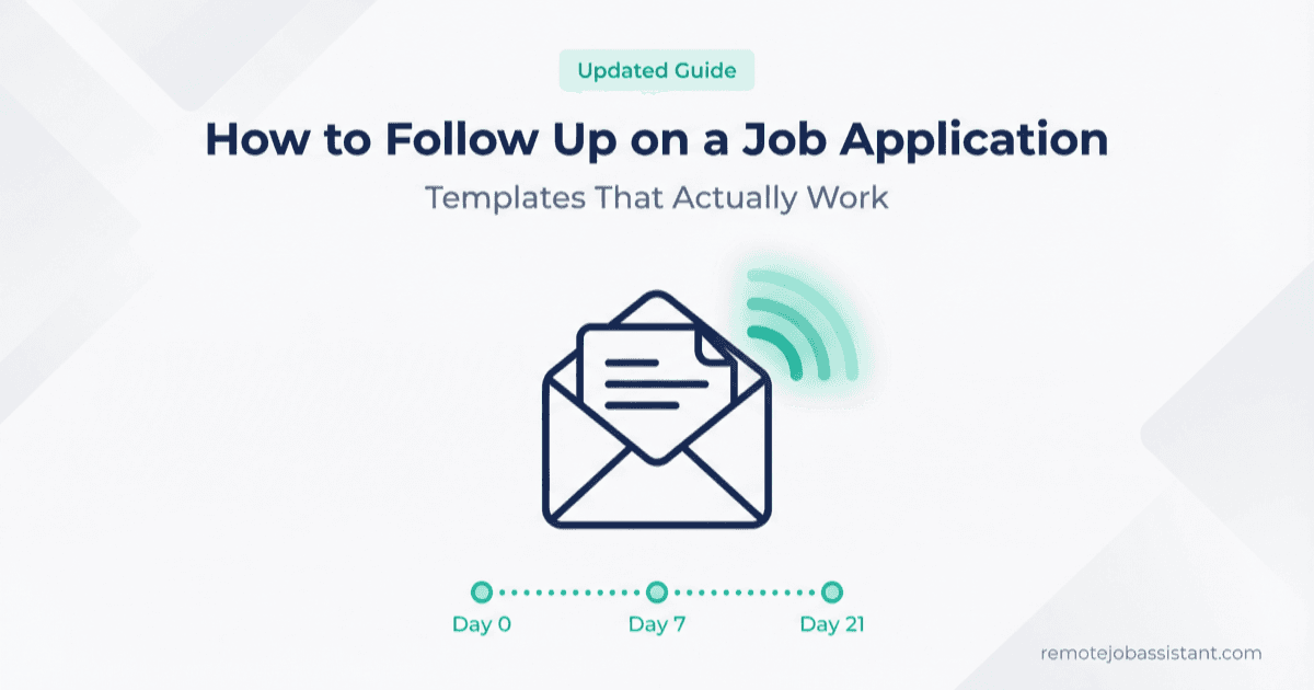 Professional reviewing job application follow-up emails on a laptop with a notebook