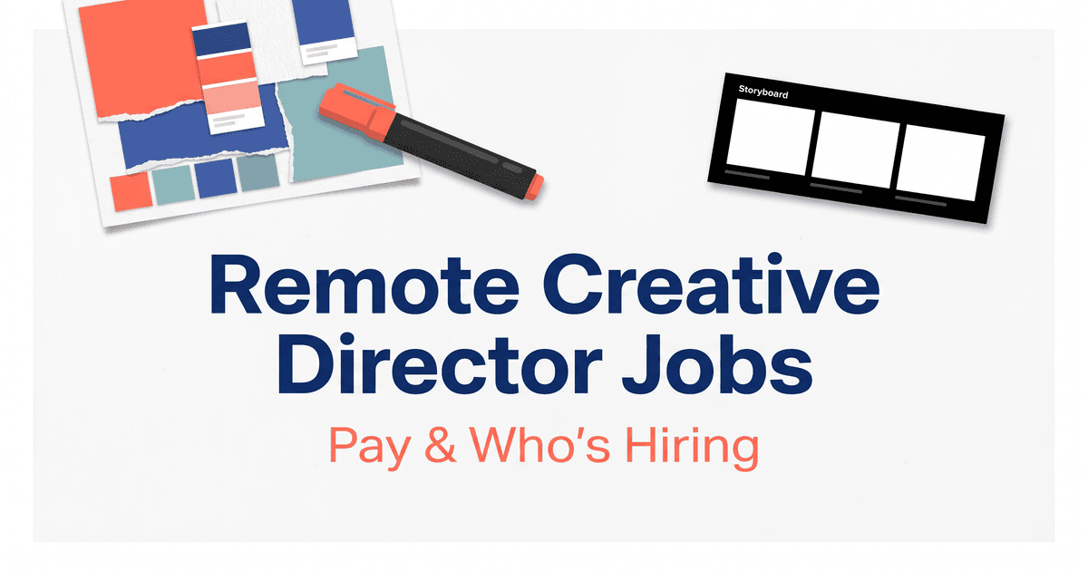 Illustrated magazine-style cover for remote creative director jobs with a layered mood board, a director's marker, and a three-panel storyboard card on a light background
