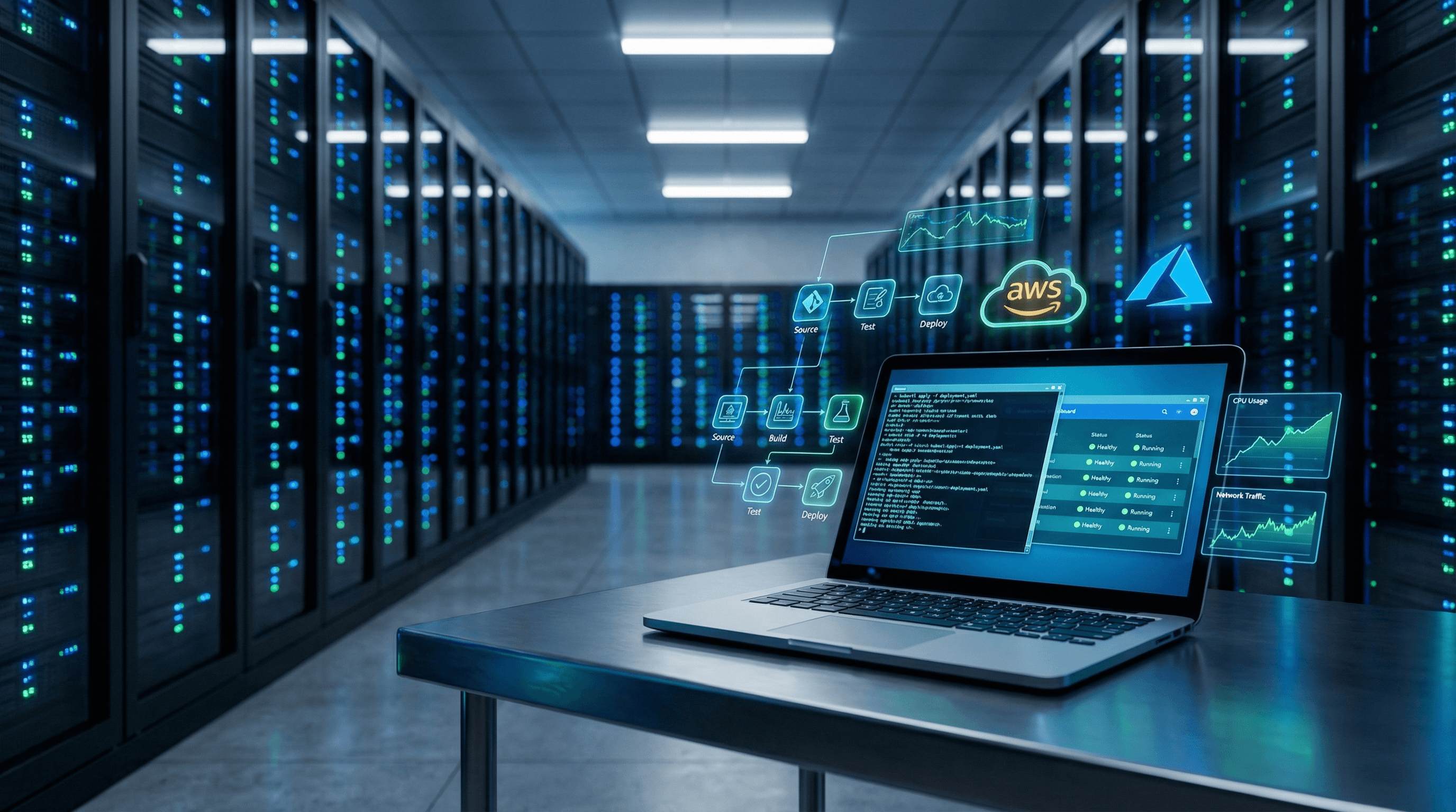 Data center server room with laptop displaying Kubernetes dashboard and CI/CD pipeline overlays