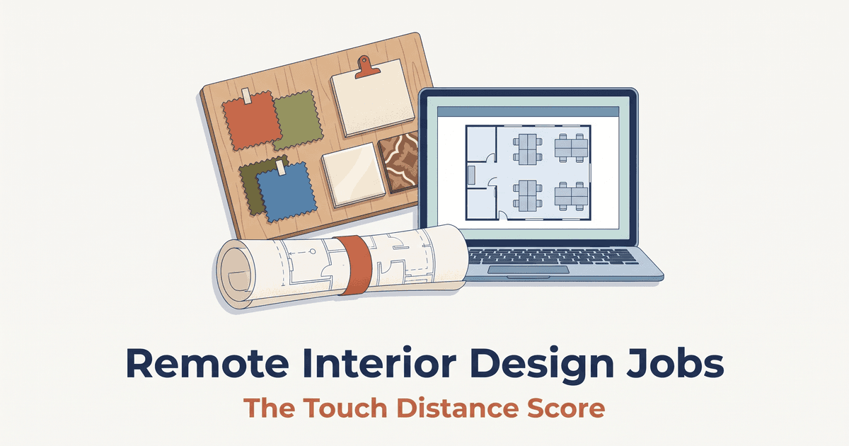 Illustrated magazine-cover graphic for remote interior design jobs: a finish sample board with fabric and tile swatches, a rolled floor plan, and a laptop showing a space plan, above the title Remote Interior Design Jobs and the subtitle The Touch Distance Score