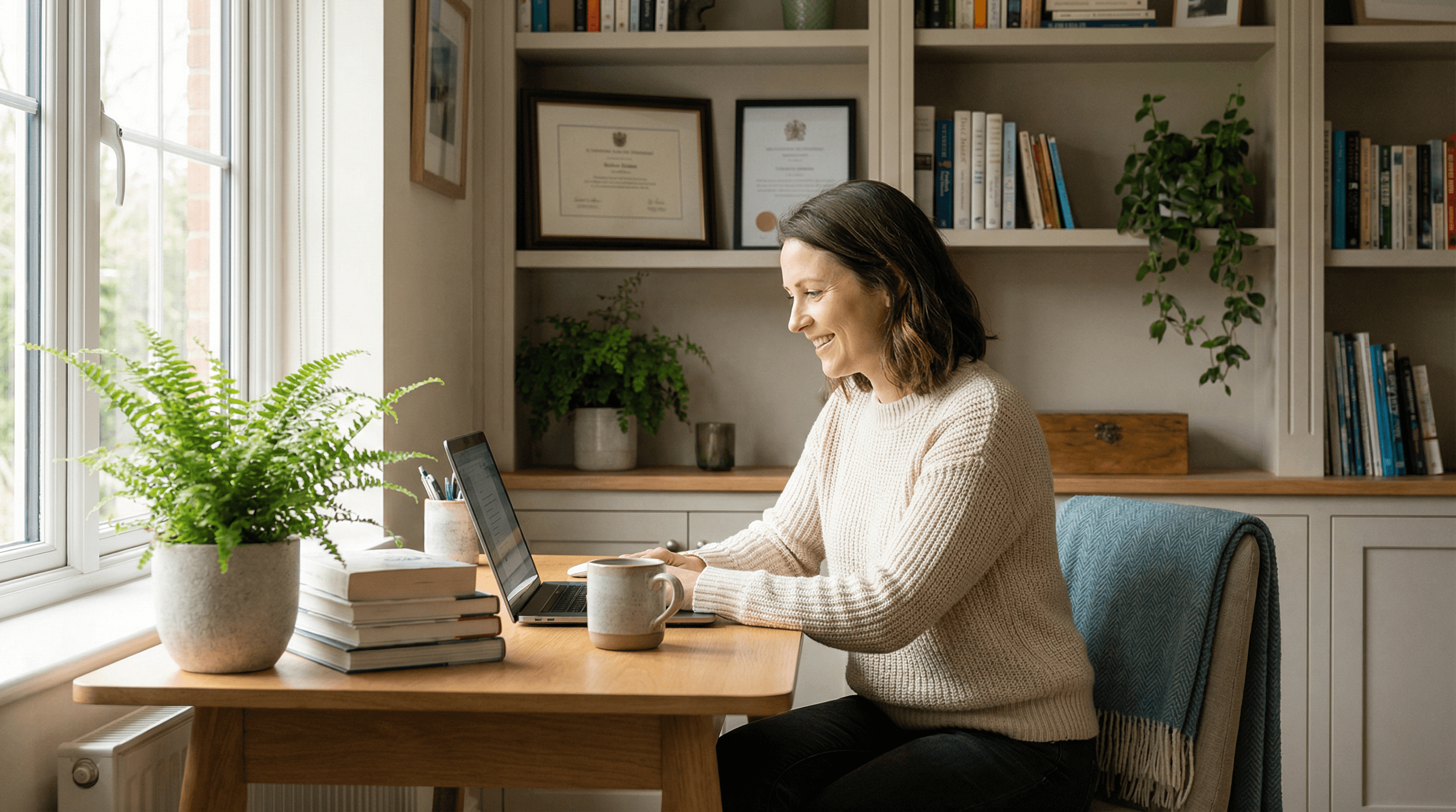 Former teacher working from home office on laptop with coffee and plants
