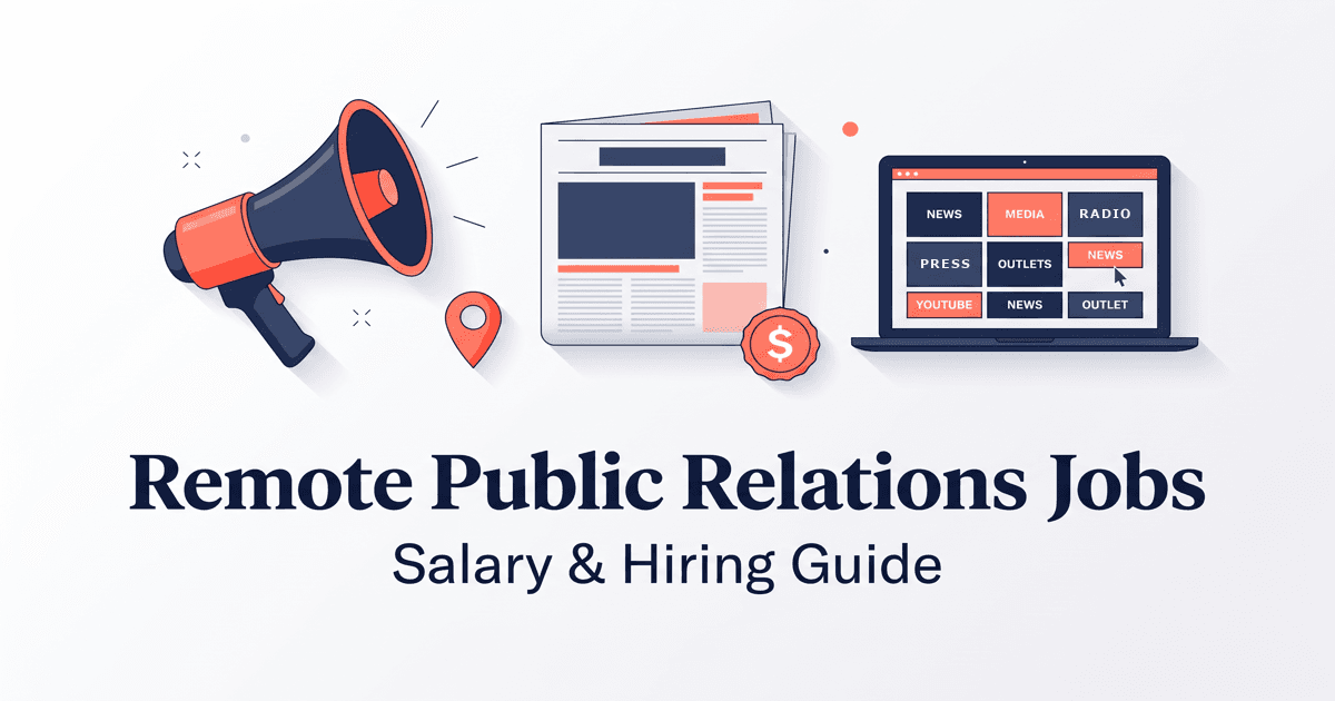 Illustrated magazine-cover graphic for the remote public relations jobs guide: a megaphone, a newspaper front page, and a laptop showing a media list, with a map pin and a dollar badge on a light background
