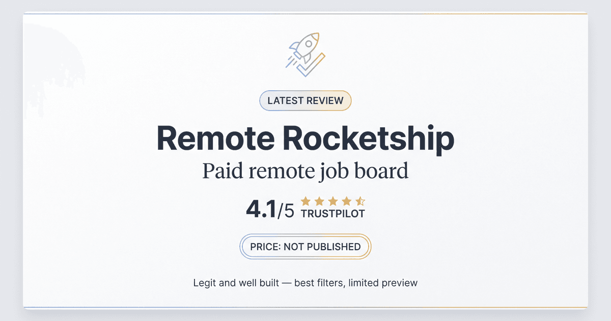Remote Rocketship review — verdict card showing the paid remote job board's Trustpilot rating and key findings
