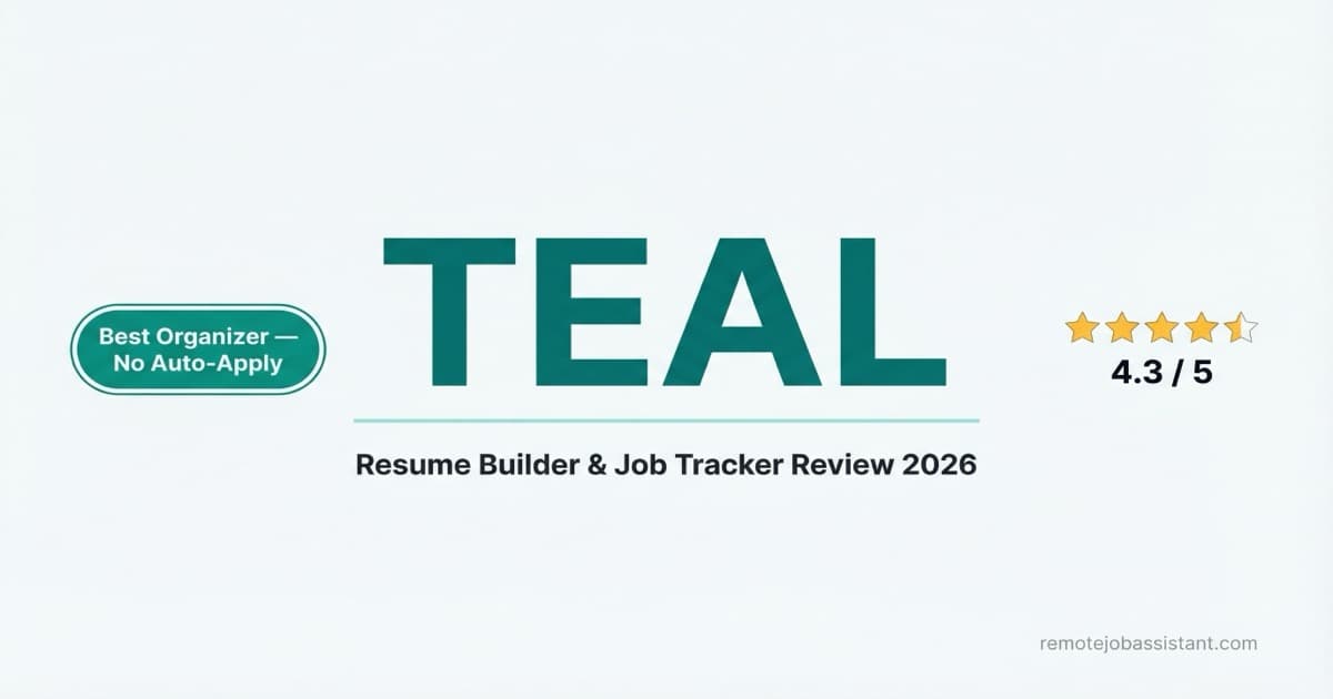 Teal resume builder review — star rating badge with verdict overlay on a light background