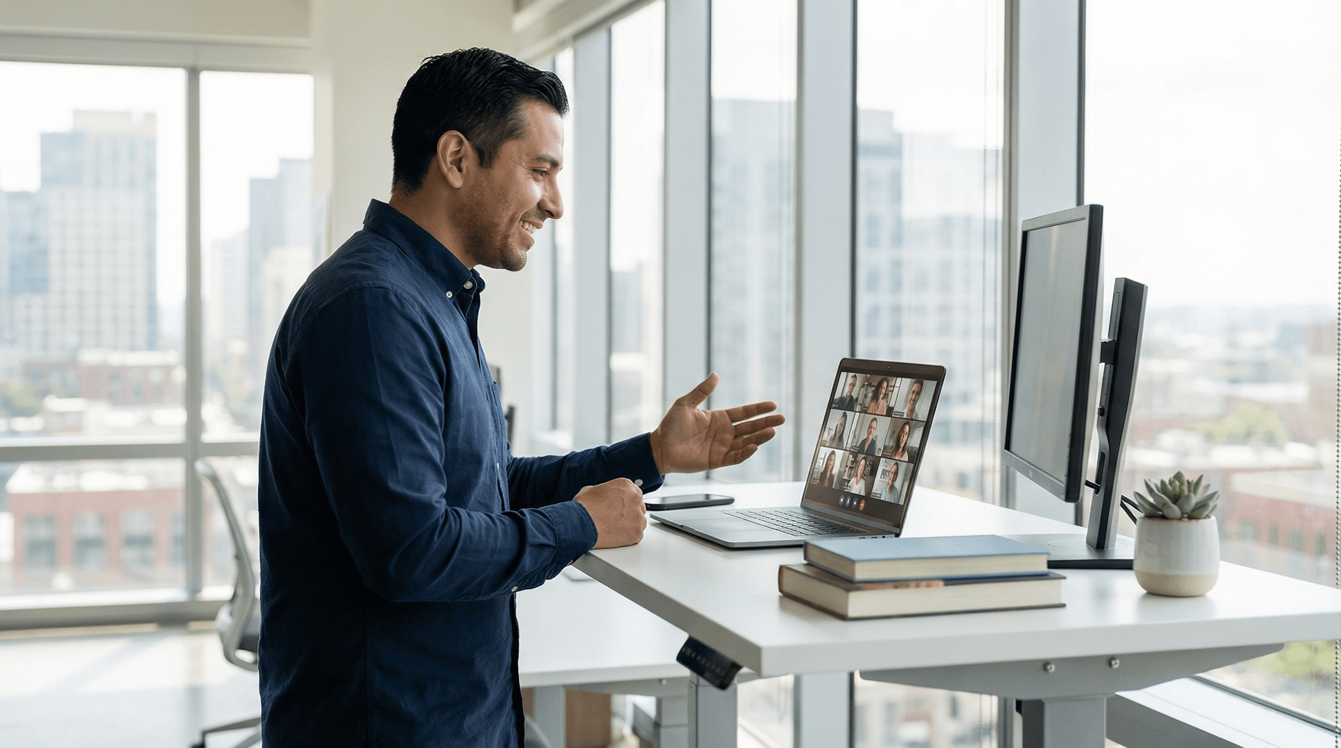 Professional reviewing job applications on laptop in modern home office